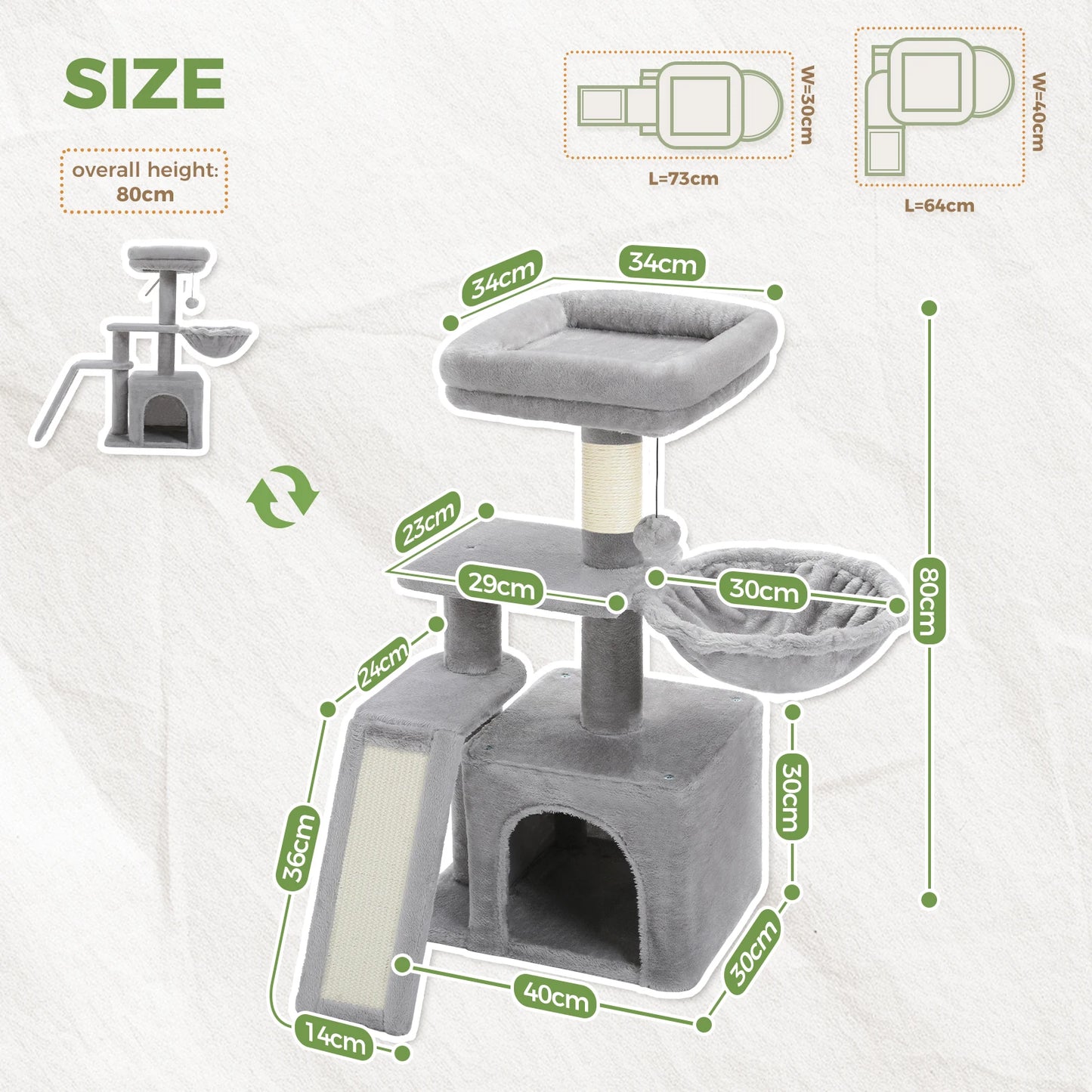 Grey Cat Tree Tower for Indoor Cats with Scratching Posts Big Hammock Removable Top Perch 3-Tier Activity Center Wood Furniture