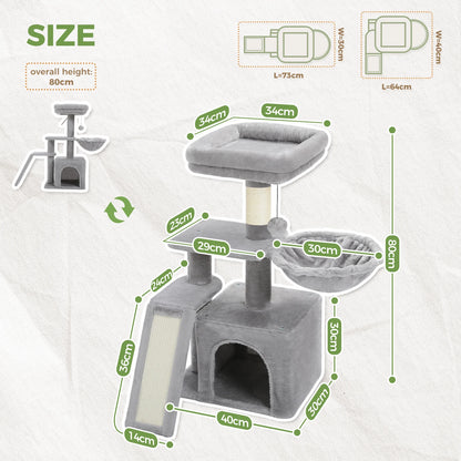 Grey Cat Tree Tower for Indoor Cats with Scratching Posts Big Hammock Removable Top Perch 3-Tier Activity Center Wood Furniture