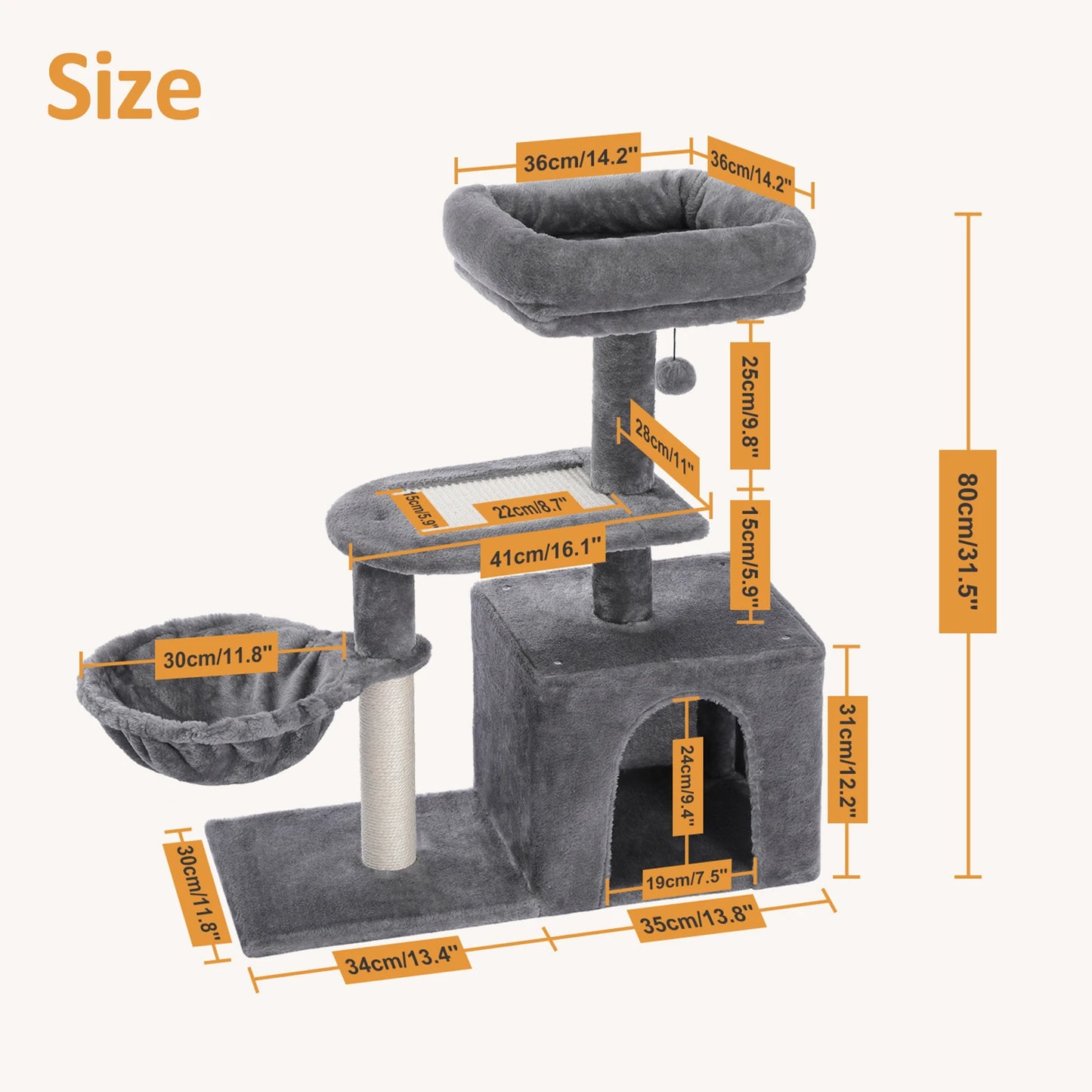 Grey Cat Tree Tower for Indoor Cats with Scratching Posts Big Hammock Removable Top Perch 3-Tier Activity Center Wood Furniture