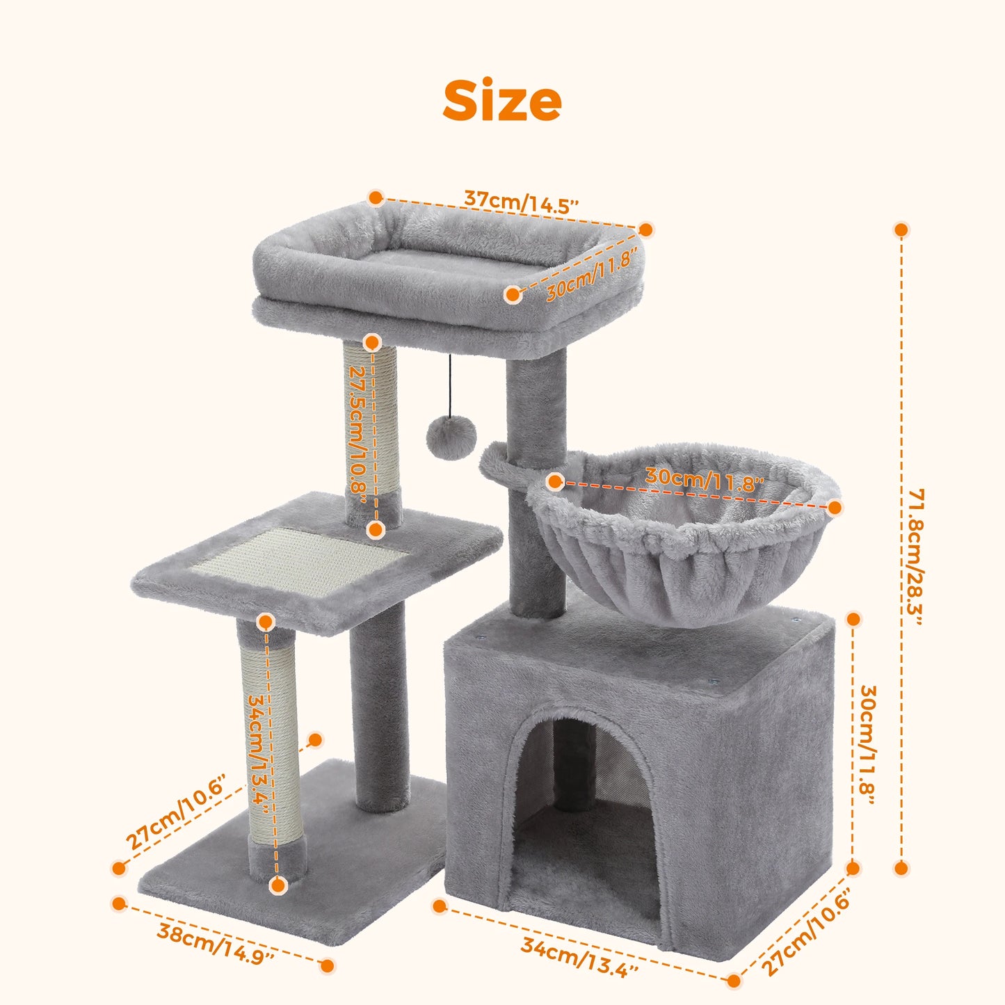 Grey Cat Tree Tower for Indoor Cats with Scratching Posts Big Hammock Removable Top Perch 3-Tier Activity Center Wood Furniture