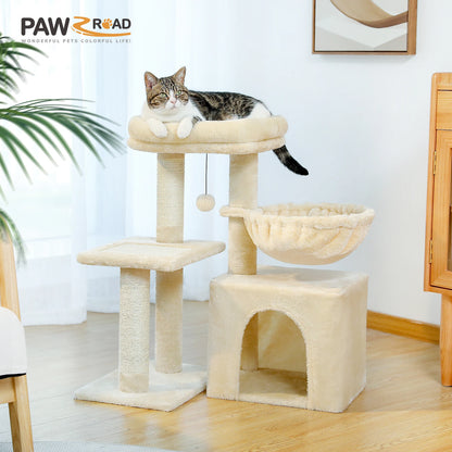 Grey Cat Tree Tower for Indoor Cats with Scratching Posts Big Hammock Removable Top Perch 3-Tier Activity Center Wood Furniture