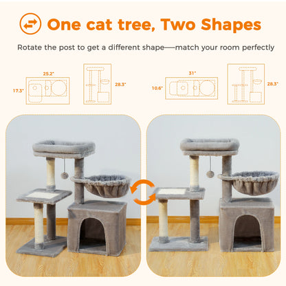 Grey Cat Tree Tower for Indoor Cats with Scratching Posts Big Hammock Removable Top Perch 3-Tier Activity Center Wood Furniture