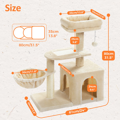 Grey Cat Tree Tower for Indoor Cats with Scratching Posts Big Hammock Removable Top Perch 3-Tier Activity Center Wood Furniture