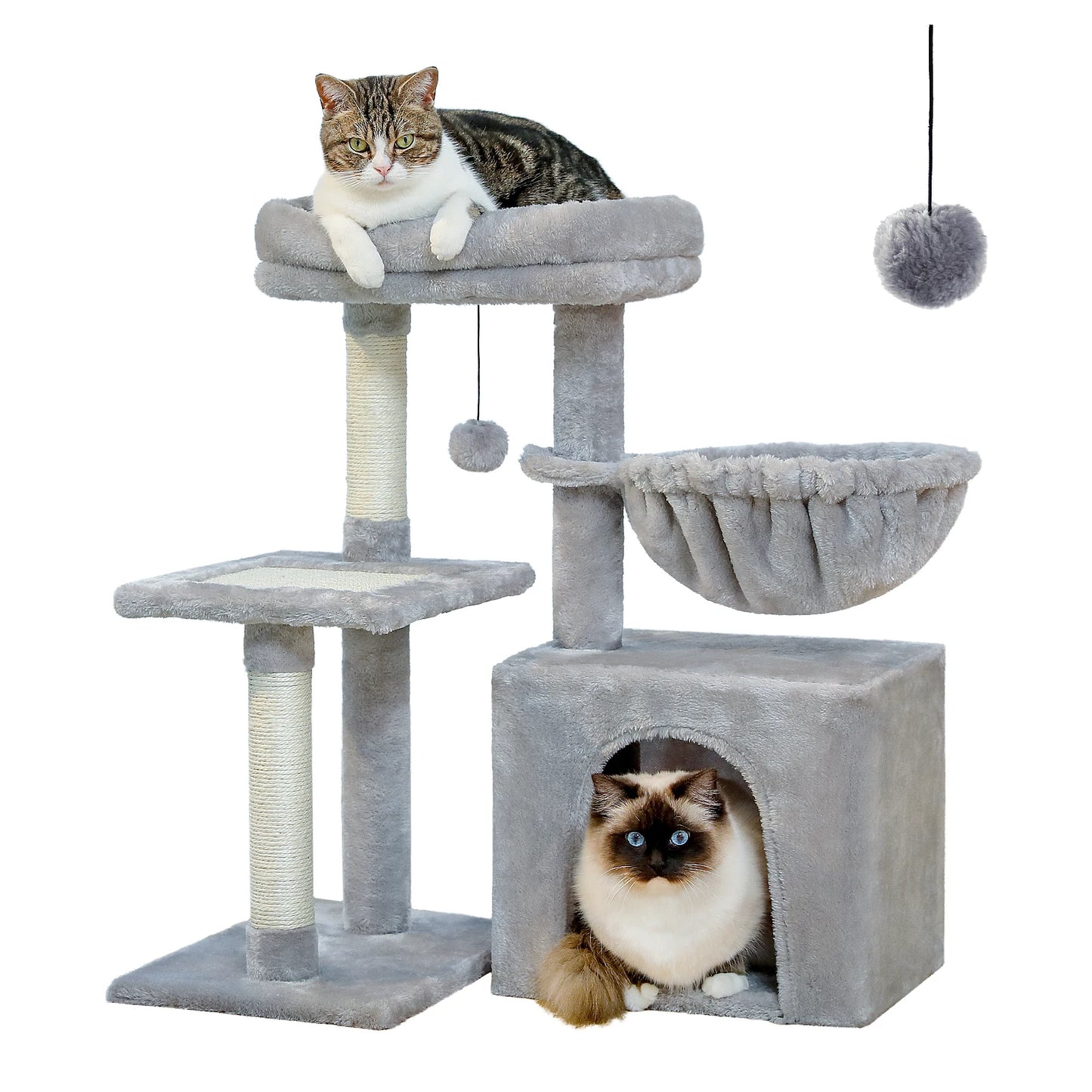 Grey Cat Tree Tower for Indoor Cats with Scratching Posts Big Hammock Removable Top Perch 3-Tier Activity Center Wood Furniture